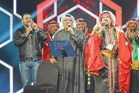 (From left) Photo shows Kuwaiti singers Basshar Al-Shatti, Nabil Shueil and Sulaiman Al-Qasar perform on stage.