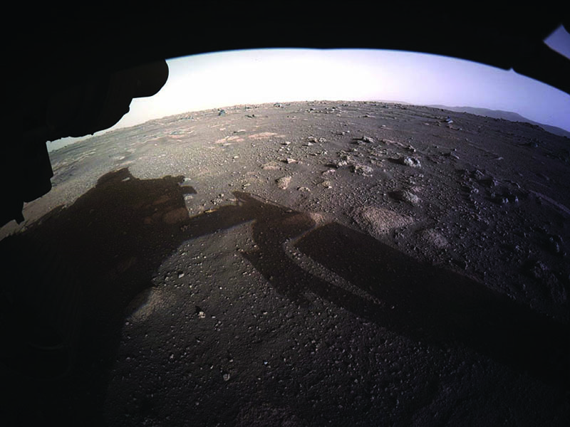 An image from the Perseverance rover as it landed on the surface of Mars.<br>