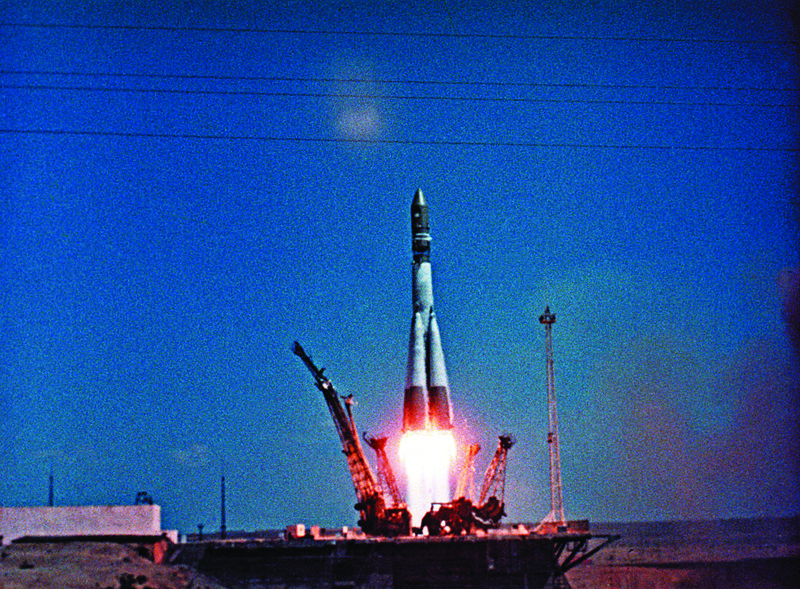 In this file photo taken on April 12, 1961 The Vostok-1 spaceship blasts off on top of Rocket R-7 from the Baikonur space center with Soviet cosmonaut Yuri Gagarin on board for the first manned trip into space.<br>