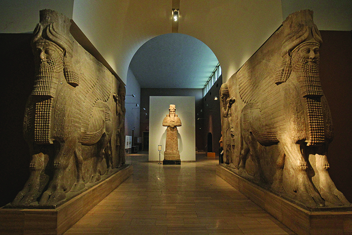 This file photo taken on April 4, 2016, shows Assyrian artefacts originally from Mosul, displayed at Iraq’s National Museum in the capital Baghdad, established by British archaeologist, writer, diplomat and spy Gertrude Bell.