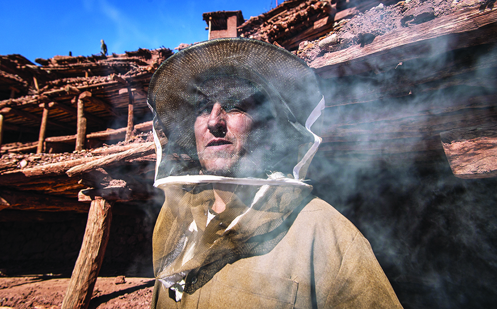 A beekeeper works at the Inzerki Apiary in the village of Inzerki.