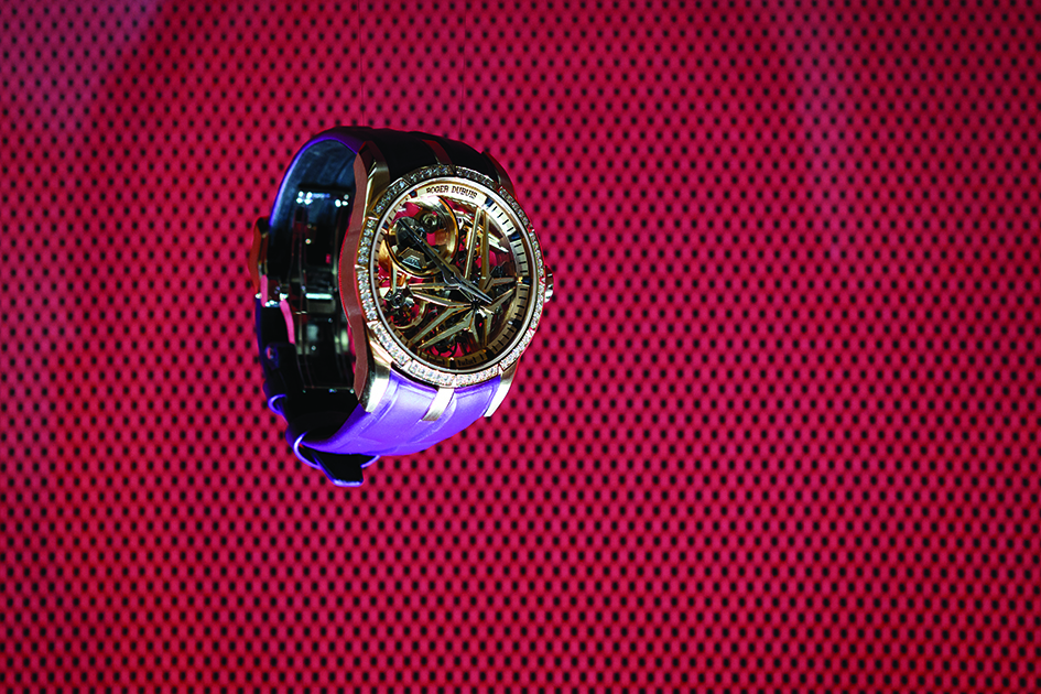 A watch by Swiss luxury watches manufacturer Roger Dubuis, owned by Richemont group, is displayed.