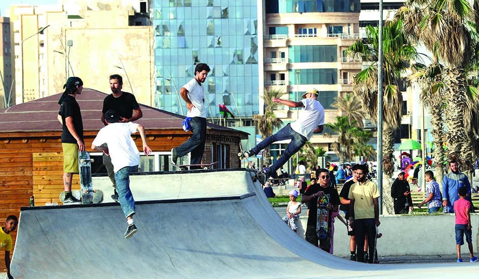 Skateboarders show off their skills during the inauguration of a skatepark, a first in Libya, in the capital Tripoli.