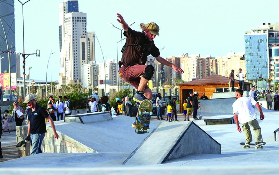 Skateboarders show off their skills during the inauguration of a skatepark, a first in Libya.