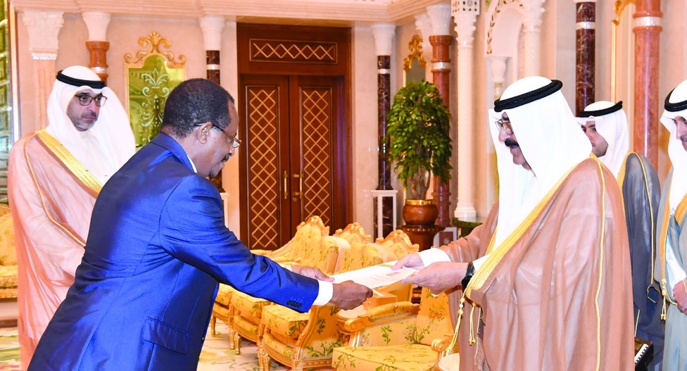 His Highness the Deputy Amir and Crown Prince Sheikh Mishal Al-Ahmad Al-Jaber Al-Sabah receives credentials of Ambassador of Tanzania Said Shaib Mussa.