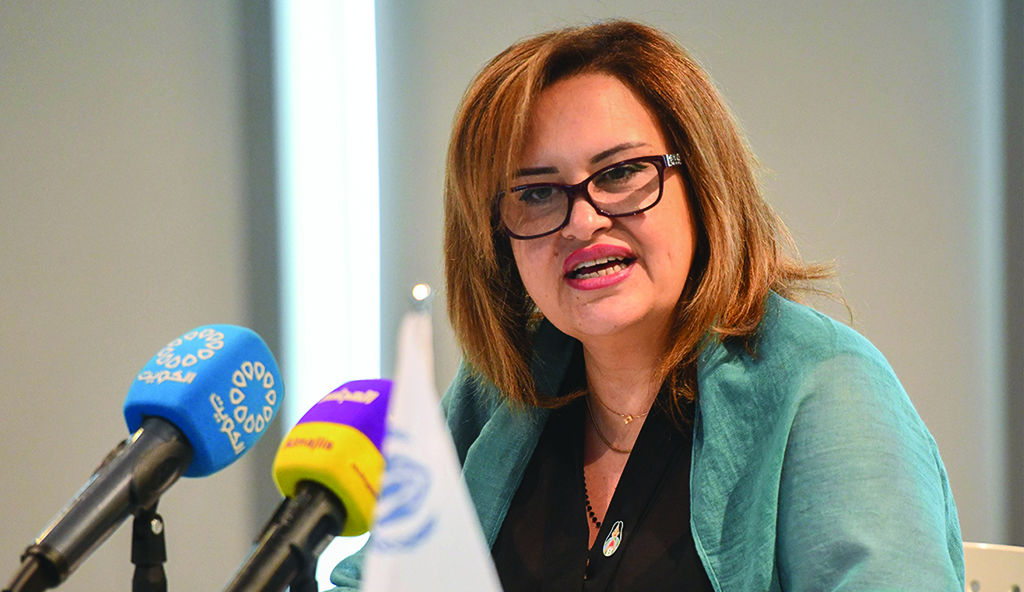 UNHCR representative in Kuwait Nisreen Rubaian speaks during the press conference.