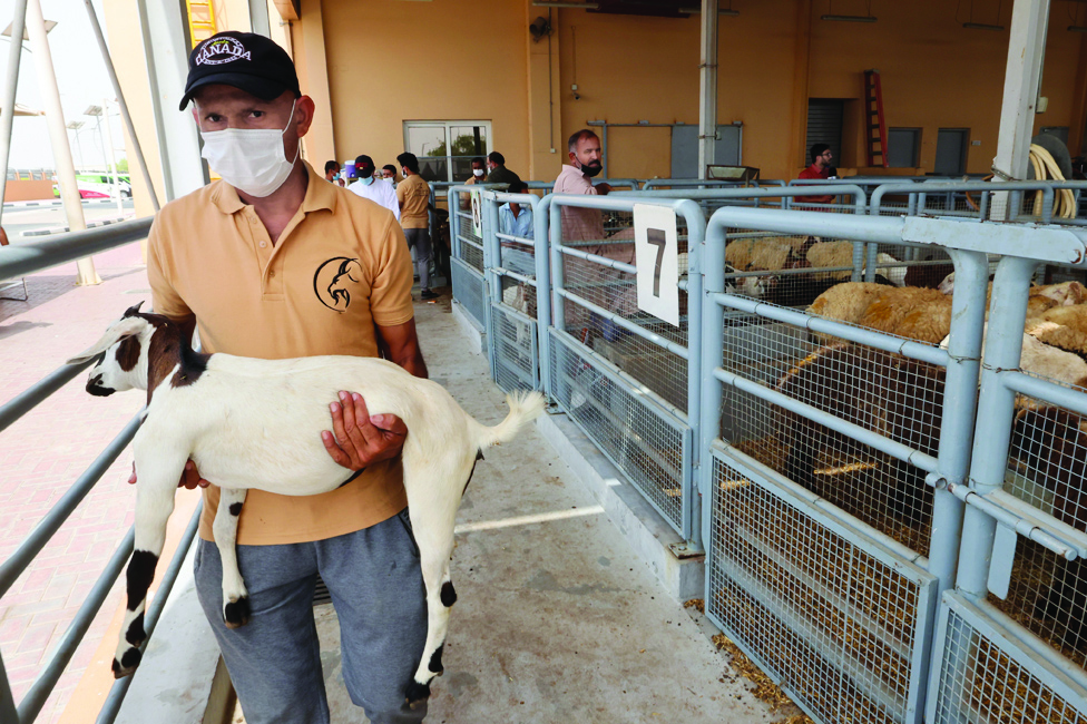 A mask-clad worker carries a goat at an abattoir in Al-Qouz industrial area in Dubai.