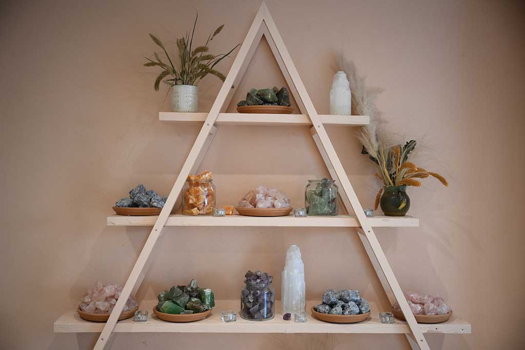 A photograph shows decorations displayed at the yoga studio 