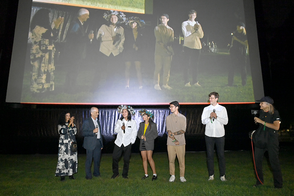 (From left to right) Neidinha Bandeira, guest, Alex Pritz, Bitate Uru Eu Wau Wau, Txai Surui, Gabriel Uchida, Alex Pritz and Amy Goodman attend National Geographic Documentary Films’ New York Premiere Screening of THE TERRITORY at the CPC Summer Film Festival in New York City.