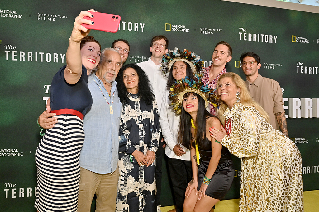 (From left) Alex Pritz, Gabriel Uchida, Chief Dwaine Perry, Txai Surui, Neidinha Bandeira and Bitate Uru Eu Wau Wau attend National Geographic Documentary Films' New York Premiere Screening of THE TERRITORY at the CPC Summer Film Festival. 