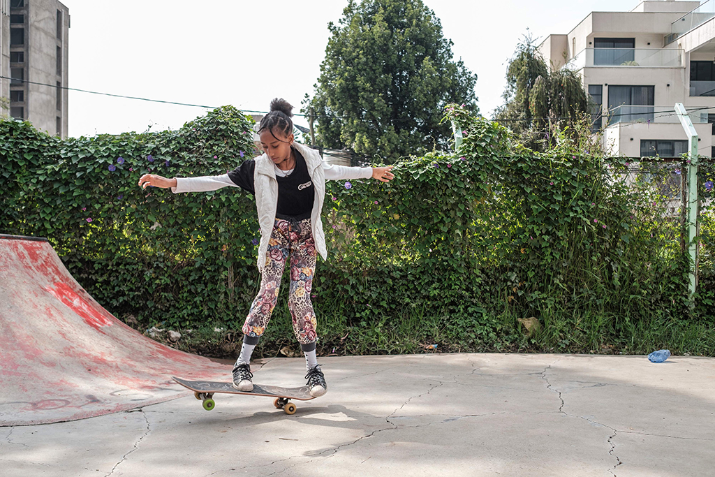 A girl skates in a skate park as part of a weekly training of the group Ethiopian Girls Skate, in Addis Ababa, Ethiopia.