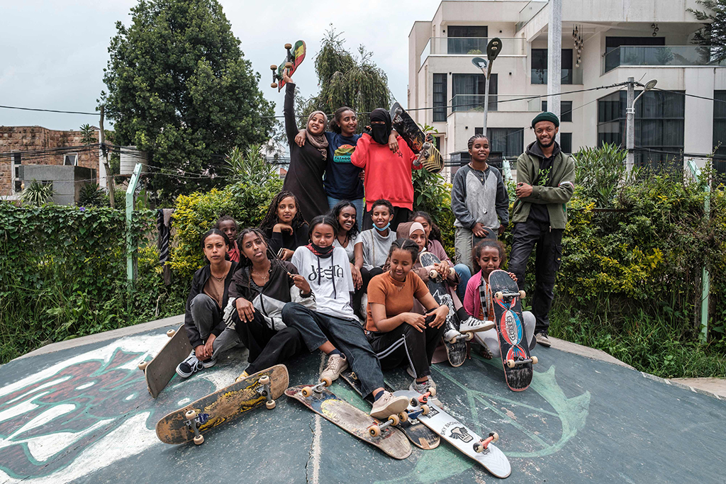 Participants of the group Ethiopian Girls Skate pose for a group photo in a skate park in Addis Ababa.