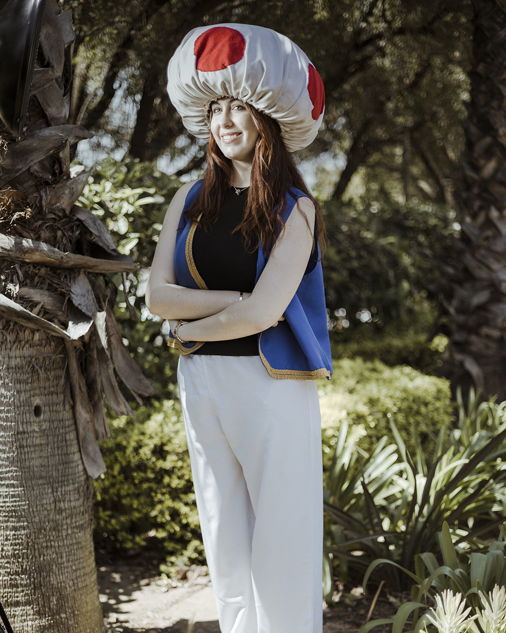 South African cosplayer Juliet De la Rey, 17, poses for a portrait while dressed as the fictional character Toad, from the Super Mario franchise.