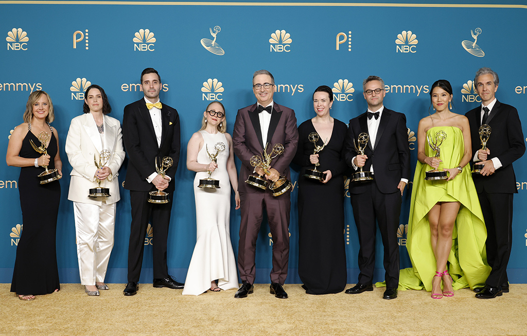 John Oliver (center) and writers/producers, winners of the Outstanding Variety Talk Series award for 'Last Week Tonight with John Oliver'.