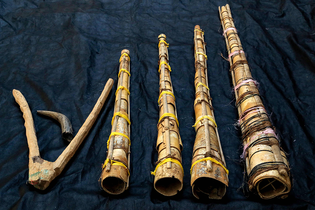 This picture shows a view of the set of traditional “Wazza” instruments (right), the “Qarn” instrument made from an animal horn (left top), and the “Affeh” (left bottom) on display at the Sudanese Traditional Music Centre in the Sudanese capital’s twin city of Omdurman.