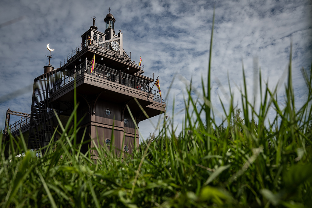 An elevator tower is seen during a media tour of the new Ghibli Park.