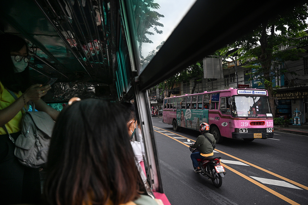 A No.8 bus on the road in Bangkok.