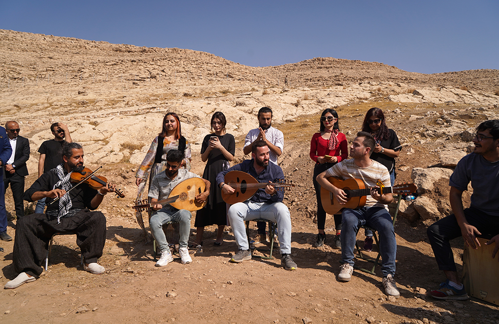 A band performs during the opening of the first phase of a planned archaeological park in the archaeological site of Faydeh (Faida).