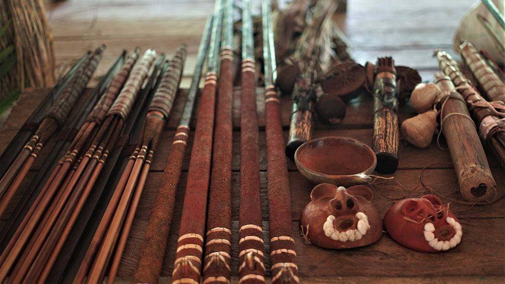 View of blowguns, bows, arrows and handicrafts from the Matis indigenous people.