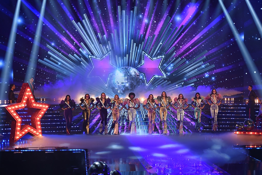Contestants perform on stage during the Miss France 2023 beauty contest.