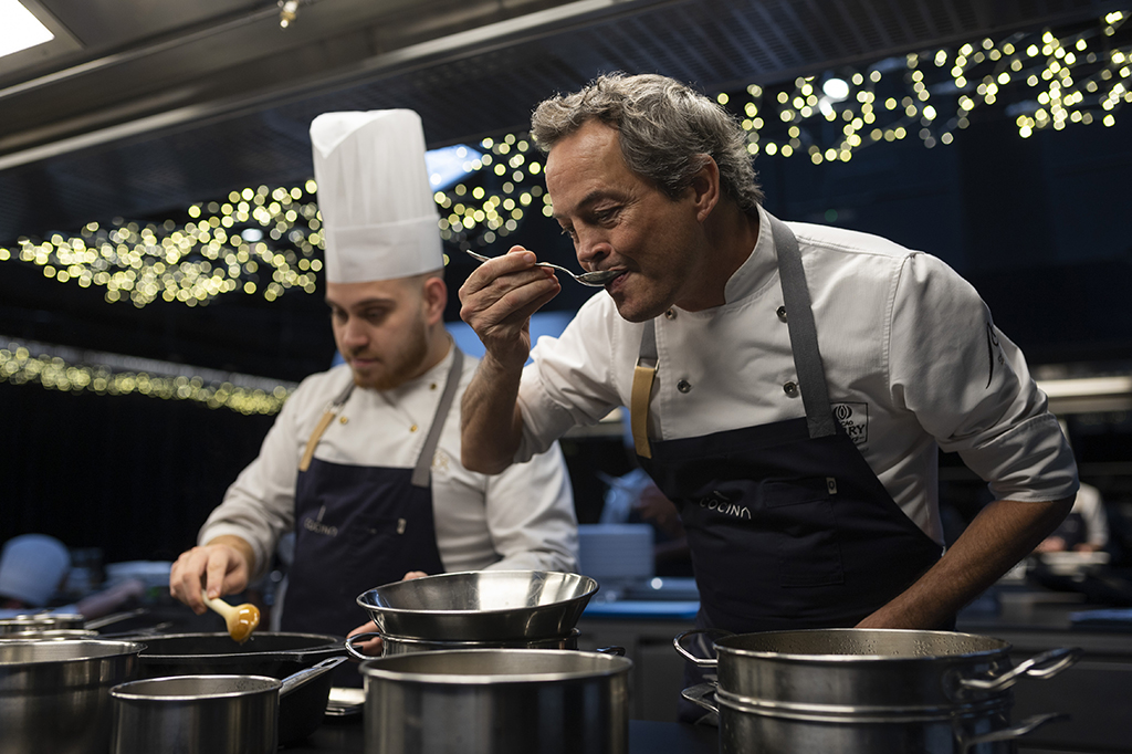 Spanish chef, Javier Torres tastes a meal in the kitchen of his restaurant 'Cocina Hermanos Torres'.