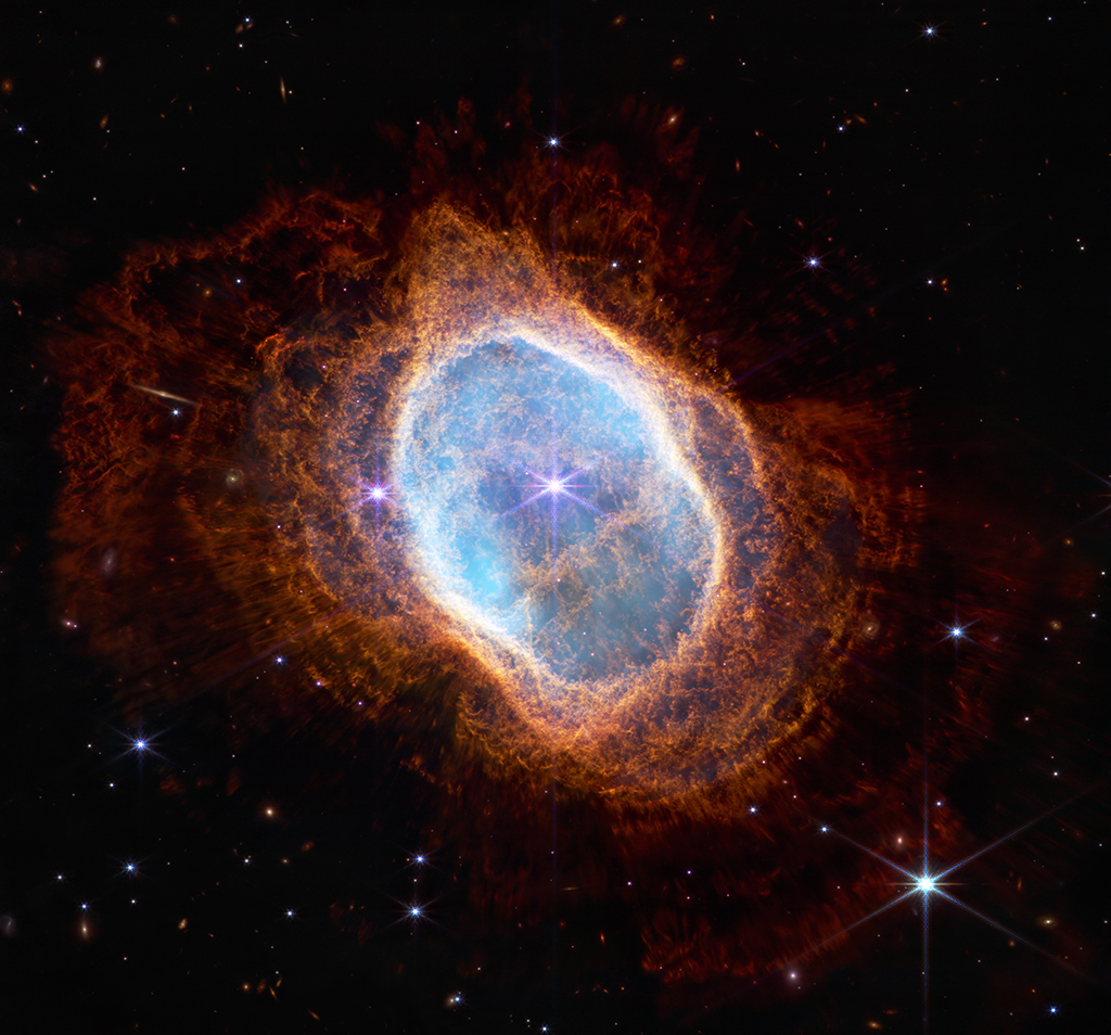 This handout image shows the bright star at the center of NGC 3132, while prominent when viewed by the James Webb Space Telescope (JWST) in near-infrared light, plays a supporting role in sculpting the surrounding nebula. 
