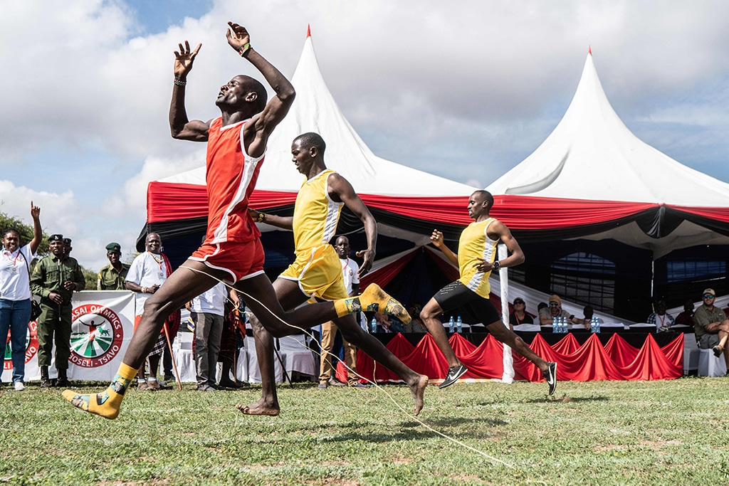 A male participant from Selengei finishes the first heat of 800 meters during the Maasai Olympics.