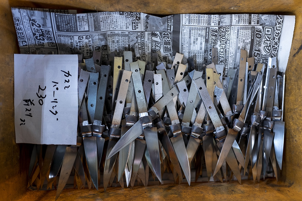 Knives in the middle of the manufacturing process at a factory of Sumikama Cutlery in Seki, Gifu prefecture. 