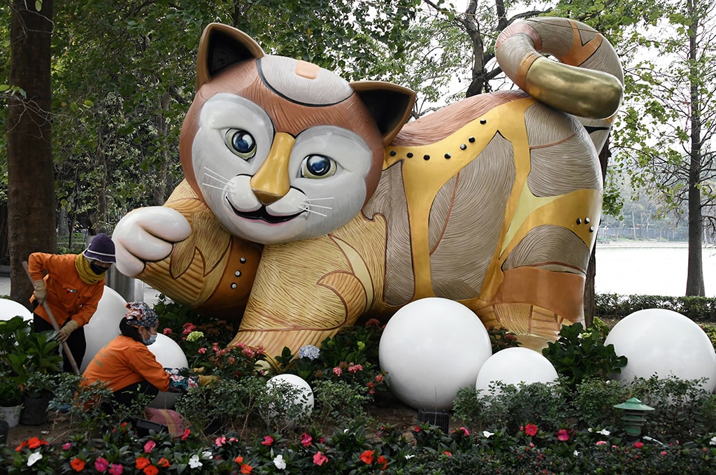 This photograph shows the workers planting flowers in front a cat statue by Hoan Kiem lake in Hanoi, ahead of the lunar new year.