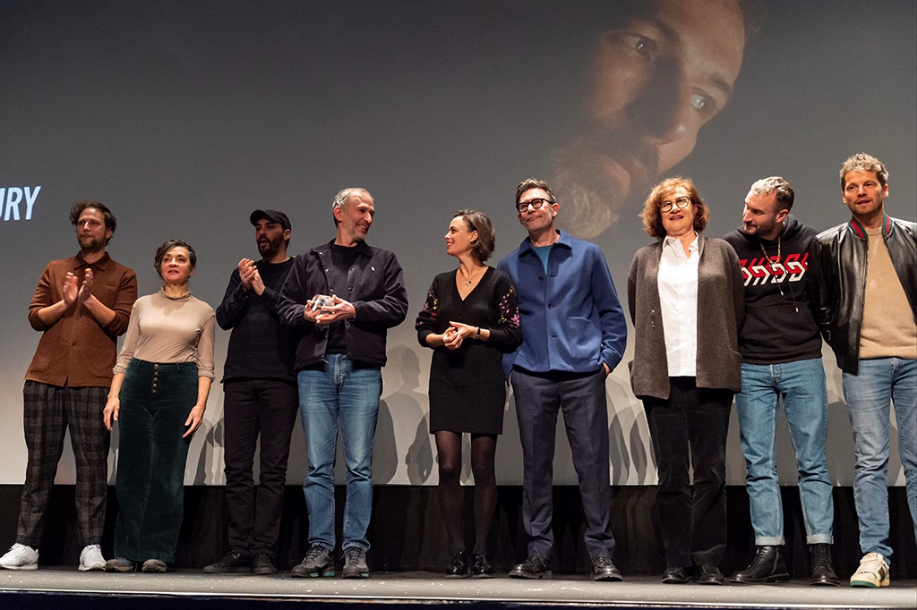 French director Thomas Salvador (fourth left) pose with members of the feature film jury (From left) French actor Pierre Rochefort, French songwriter and singer Catherine Ringer, French rapper and actor Gringe, French-Argentinean actor Berenice Bejo, French director, screenwriter and producer Michel Hazanavicius, French screenwriter, director and actress Anne Le Ny, French director, screenwriter and writer Sebastien Marnier, and French actor Pierre Deladonchamps during the closing ceremony of the 30th Gerardmer Fantastic Film Festival in Gerardmer.