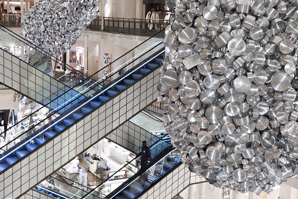 A general view shows monumental installations by Indian artist Subodh Gupta made with kitchen ustensils collected from markets during his exhibition entitled 