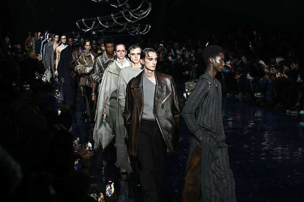Models present creations by Fendi during the Autumn-Winter 2023-2024 Men's fashion show, as part of the Milan Fashion Week, in Milan.