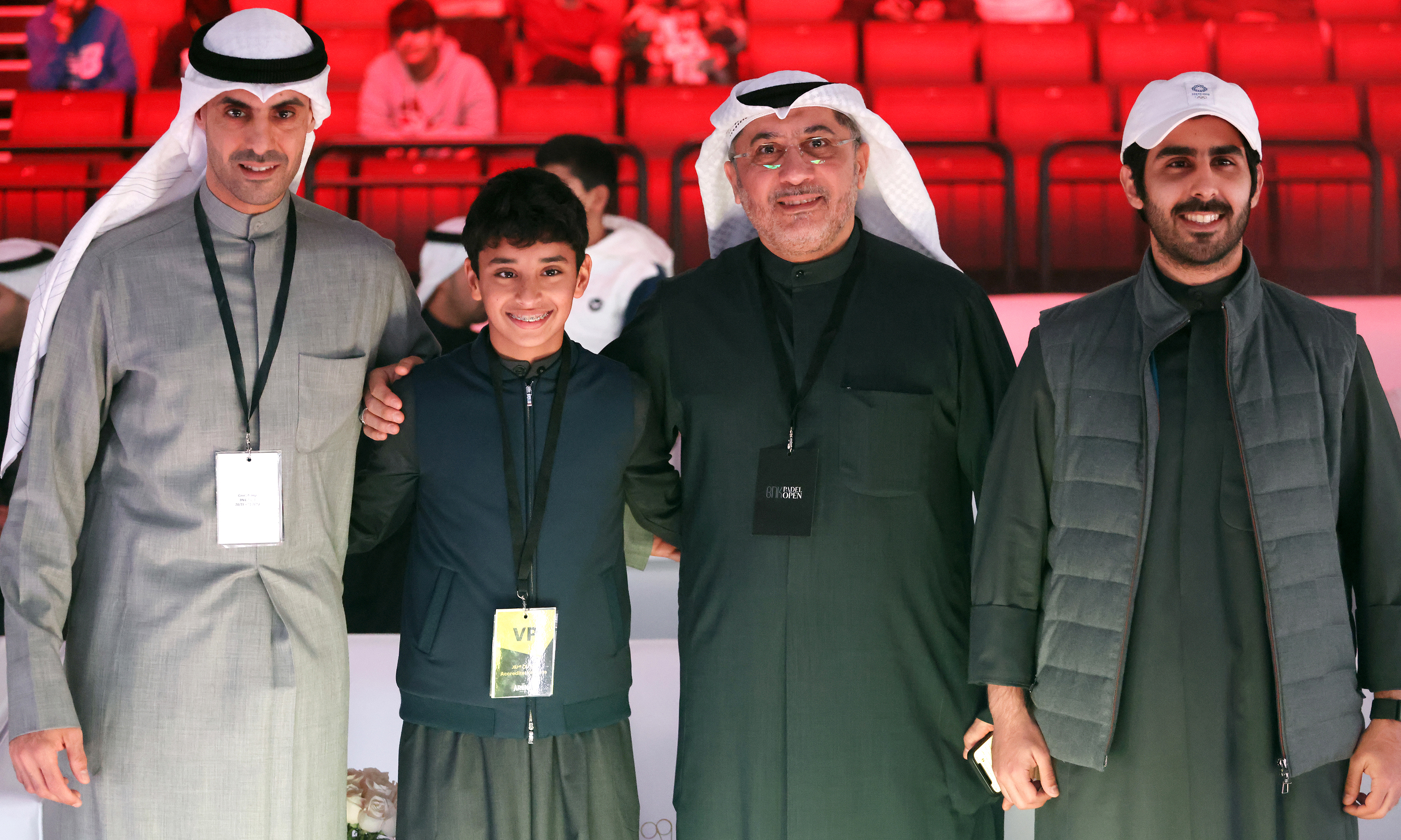 Bader Al-Kharafi and his son Nasser, MP Hani Shams and Member of the board for the Kuwait Olympic Committee Sheikh Jaber Thamer Al-Ahmad