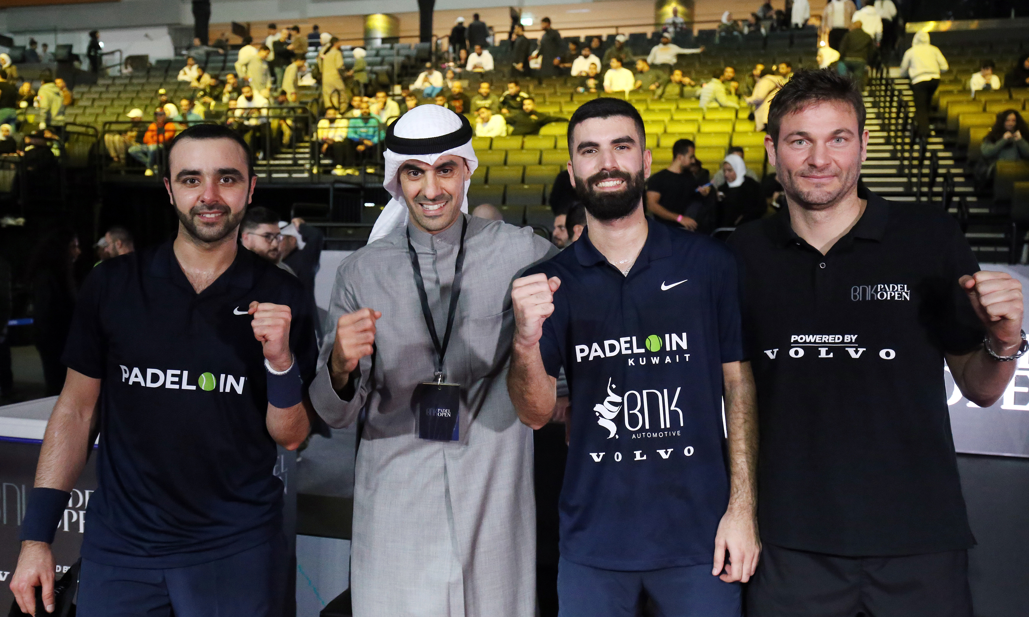 Bader Al-Kharafi is flanked by padel players Ahmed Rabeaa, Aziz Mayoof and Paquito Navarro