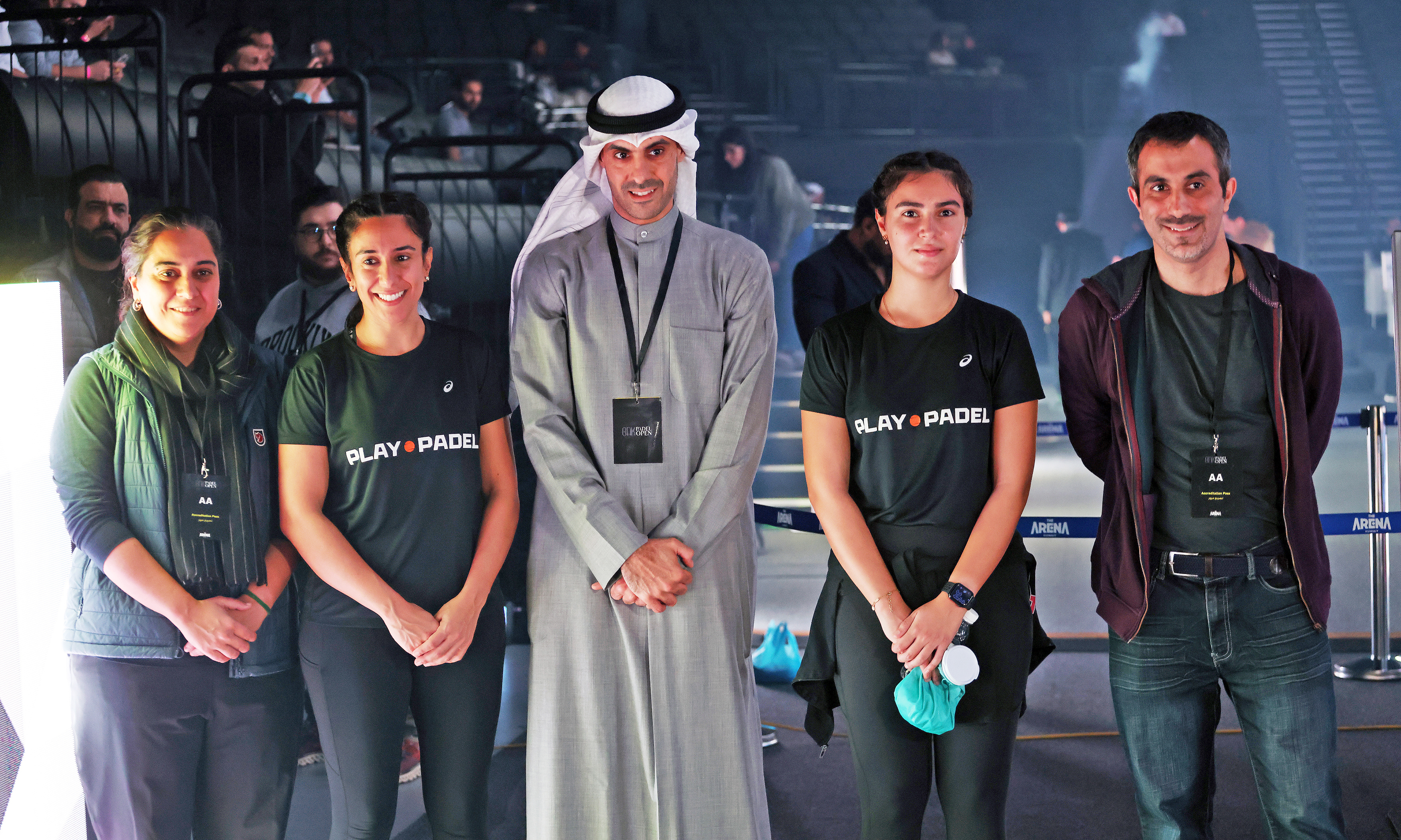 Bader Al-Kharafi (center) with member of the board of Kuwait Olympic Committee Fatma Hayat, member of Padel Union Ali Hayat and Kuwaiti players Mariam Sarraj and Dana Al-Fulaij