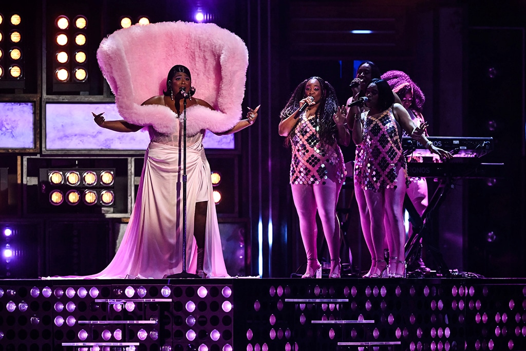 US singer and flutist Lizzo performs on stage during BRIT Awards 2023 ceremony and live show in London.