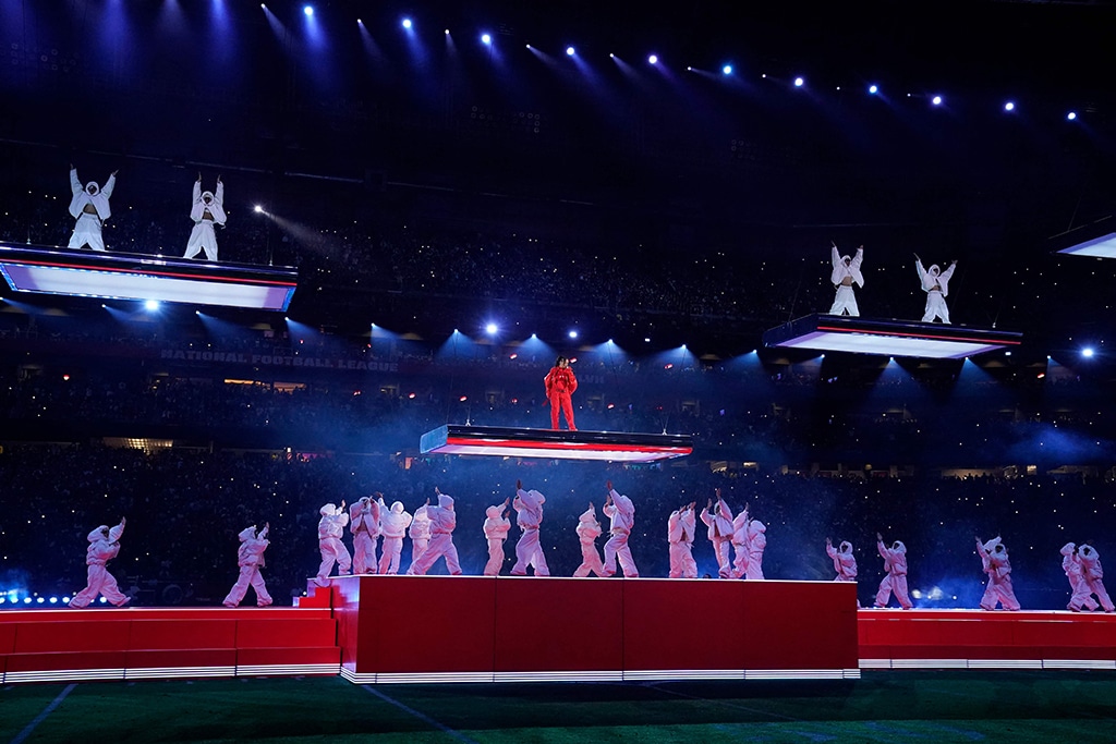 Barbadian singer Rihanna performs during the halftime show of Super Bowl.
