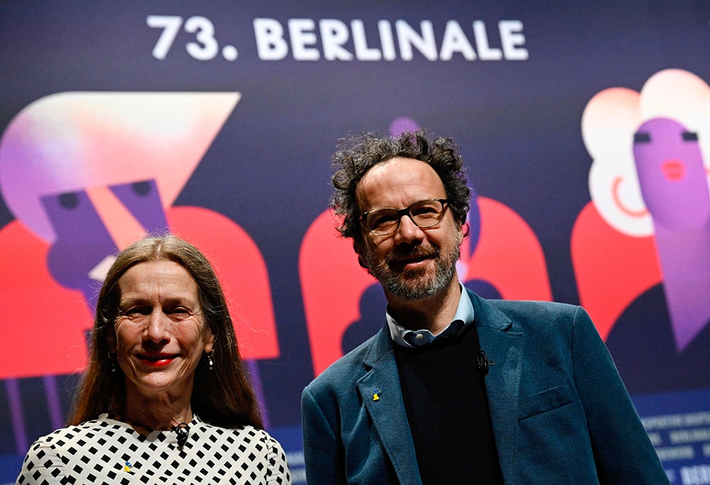 This file photo shows Berlinale Executive Director Mariette Rissenbeek (left) and Berlinale Artistic Director Carlo Chatrian posing prior to the Program Press Conference for the 73rd Berlinale Berlin Film Festival in Berlin.