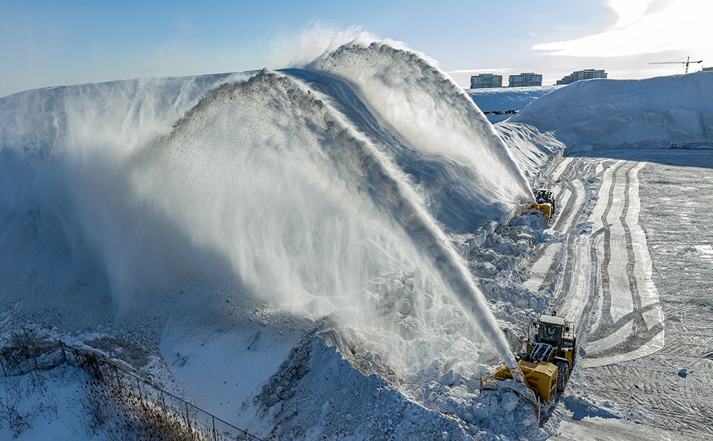 Aerial picture of snow removal operation in Montreal, Quebec, Canada.