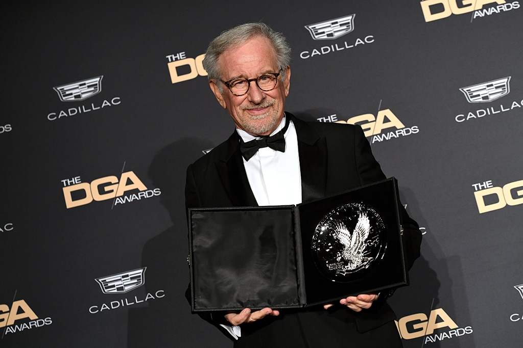 US filmmaker Steven Spielberg poses with the Feature Film Medallion award for 