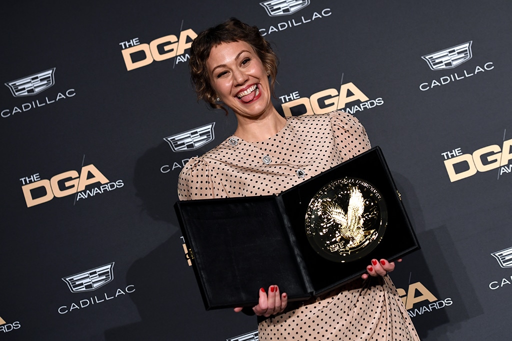 US filmmaker Sara Dosa poses with the award for Outstanding Directorial Achievement in Documentary for
