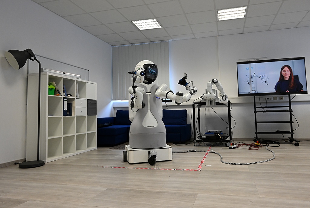 The Garmi robot is seen in the laboratory of the Research Center Geriatronics of the Technical University Munich.