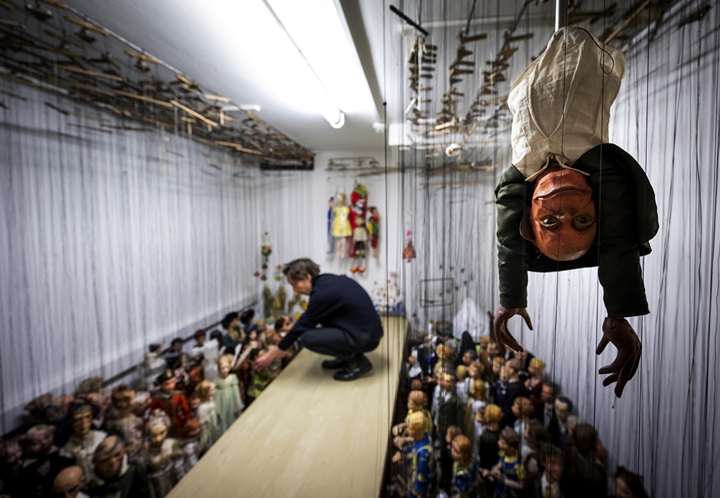 Puppets are seen in a storage prior the Snow White fairytale puppet show. 