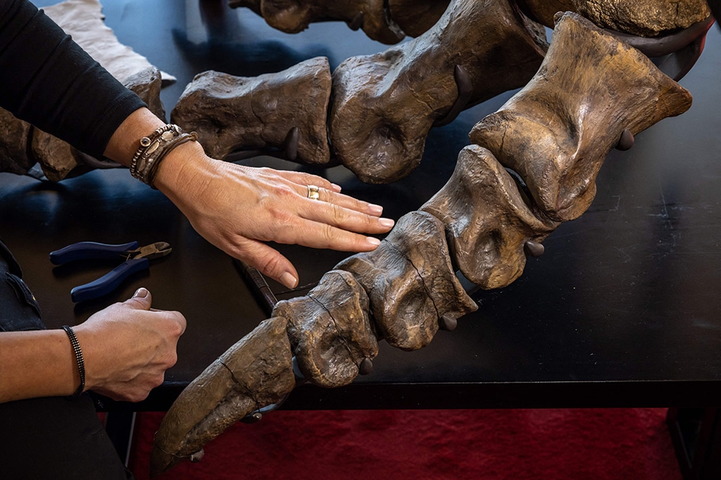 In this photograph a woman takes part in the installation of 'Trinity'.