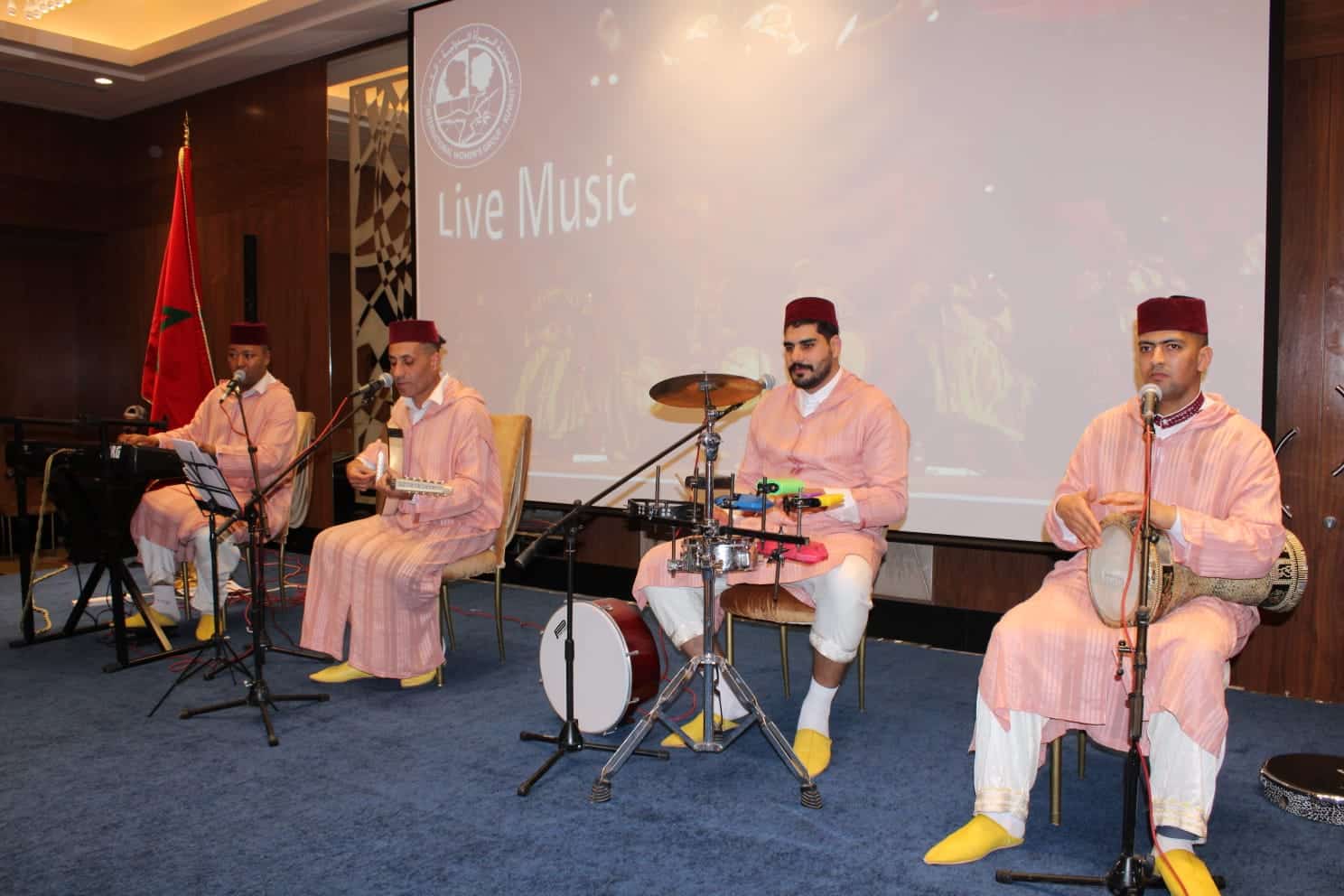 A band plays traditional folklore Moroccan music at the event.