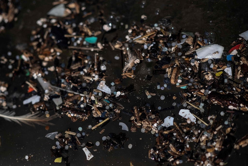 A photograph shows nurdles and other micro-plastics waste collected during a beach clean.