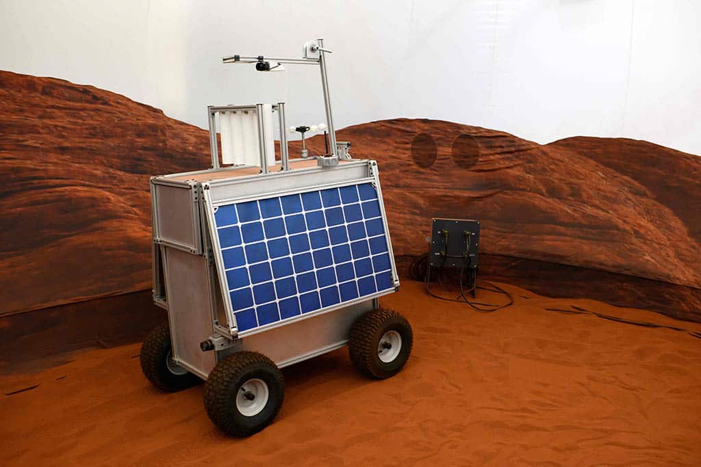 A solar panel inside the simulated Mars exterior portion of the CHAPEA’s Mars Dune Alpha.