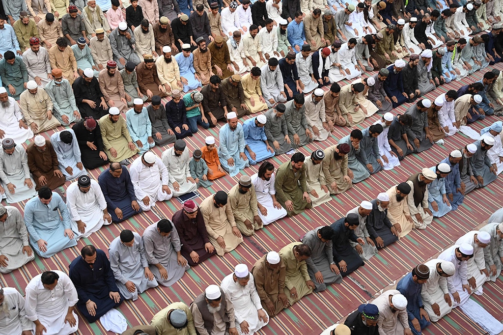 Muslim devotees offer prayers in the Sunehri Mosque before the start of Itikaf, a spiritual retreat, in a mosque during the holy month of Ramadan in Peshawar.