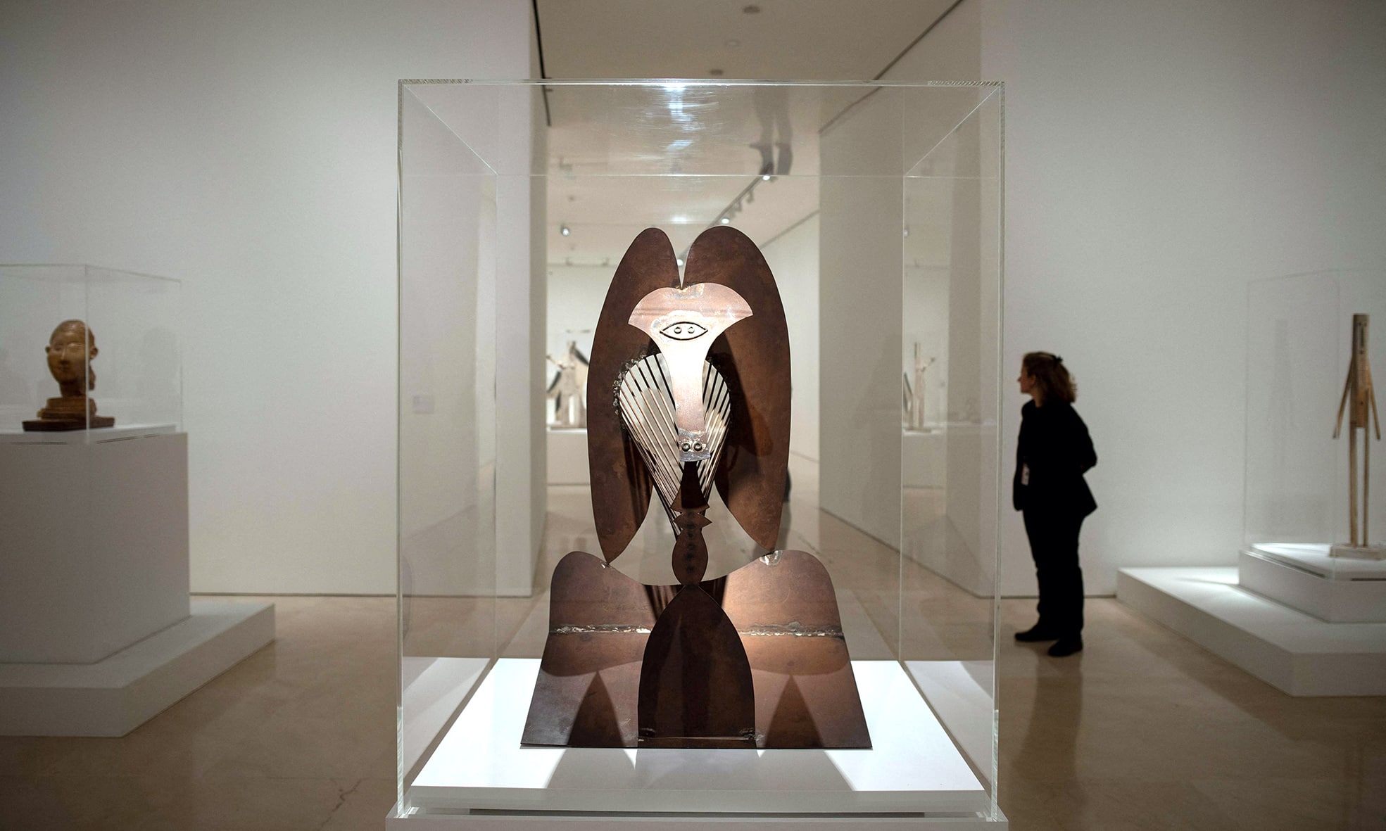 A Visitor attend the inauguration of Spanish painter and sculptor Pablo Picasso's “Picasso Escultor.