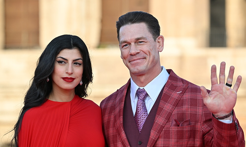US wrestler and actor John Cena and his Iranian-born Canadian wife Shay Shariatzadeh arrive for the Premiere of the film 'Fast X'.